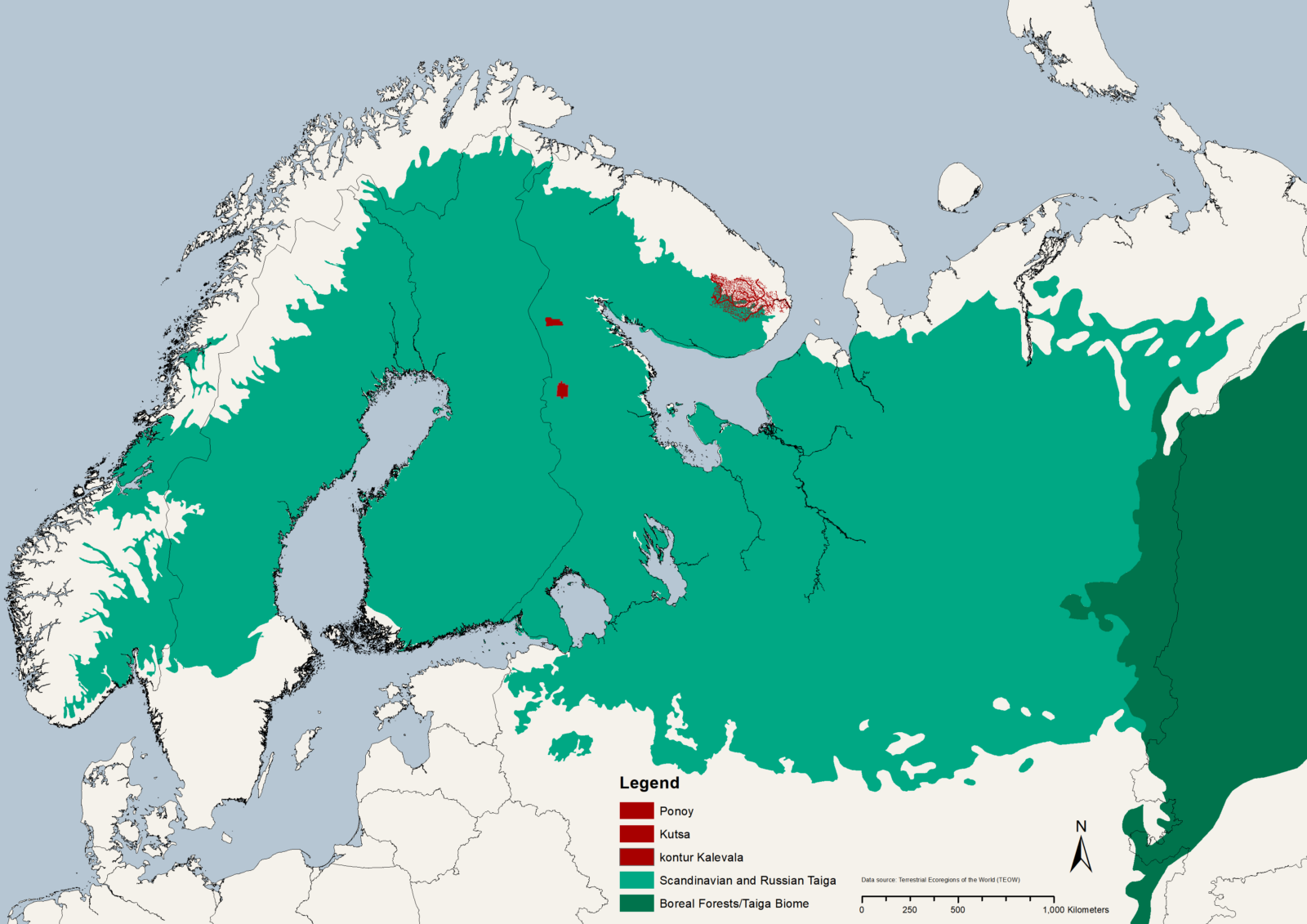 Kartet viser hvor områdene i Russland hvor det skal vernes skog gjennom prosjektet.
