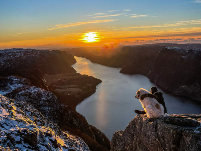 En mann sitter sitter på et fjell og ser på solnedgangen med en stor hvit og brun hund i armkroken.