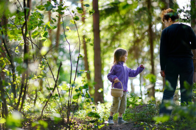 Et barn og en voksen på tur i skogen. Barnet holder en kurv.