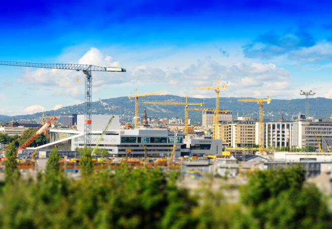 Bilde av Oslo. Trær i forgrunnen, bygninger og heisekraner midt i bildet og fjell i bakgrunnen. Himmelen er blå.