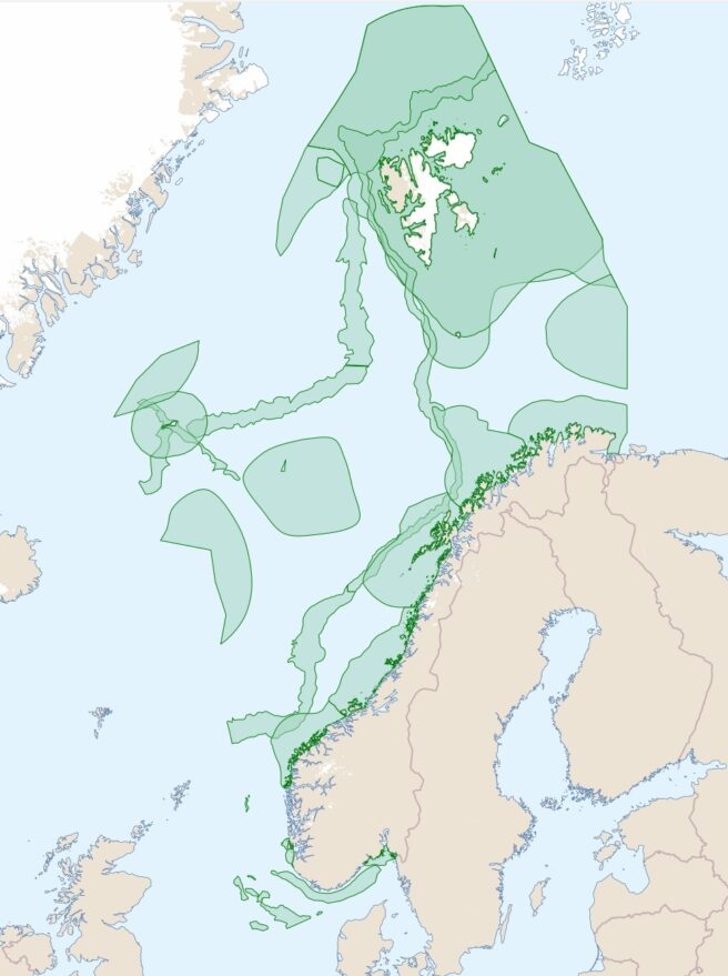 Et kart over Norge og havområdene rundt, med SVO-områder markert i grønt.