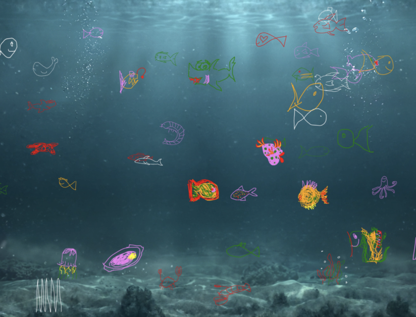 Under vannet, med tegnede barnslike tynn strek illustrasjoner i ulike farger