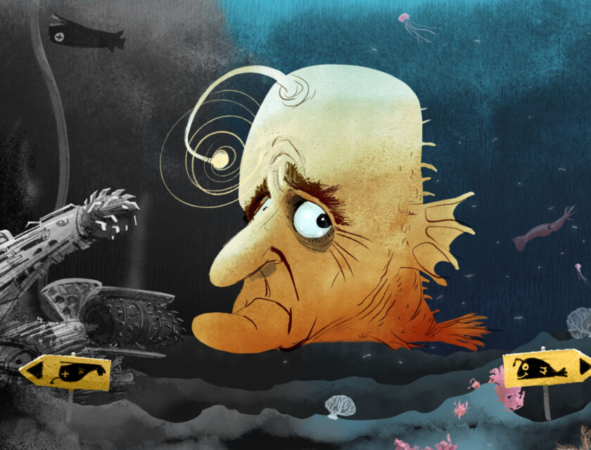 Karikaturtegning av statsminister Jonas Gahr Støre som dypvannsfisk